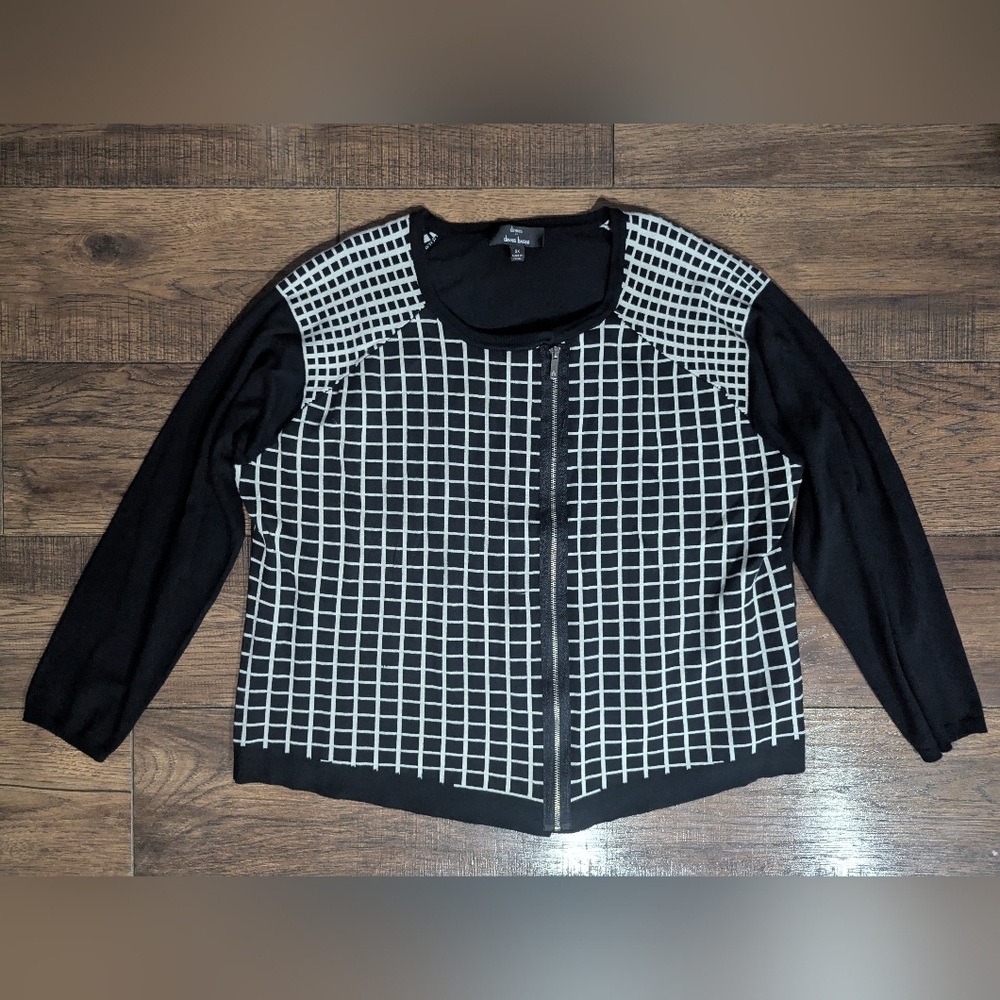 Dennis By Dennis Basso Black & White Check Box Print Full Zip Up Sweater Size 2X